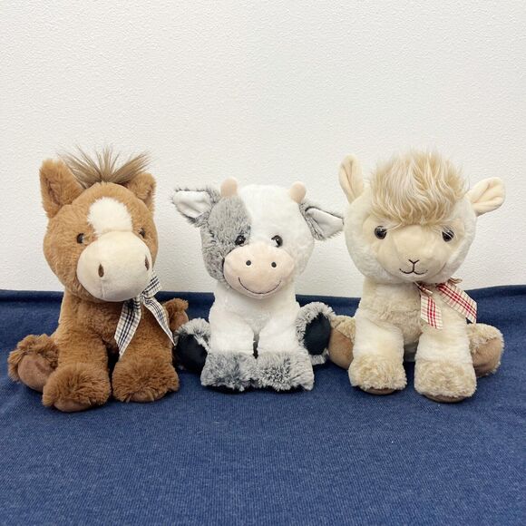 Set of 3 Sitting Plush Stuffed Toys Walmart Horse Cow Llama Brown White Cream - Picture 1 of 14